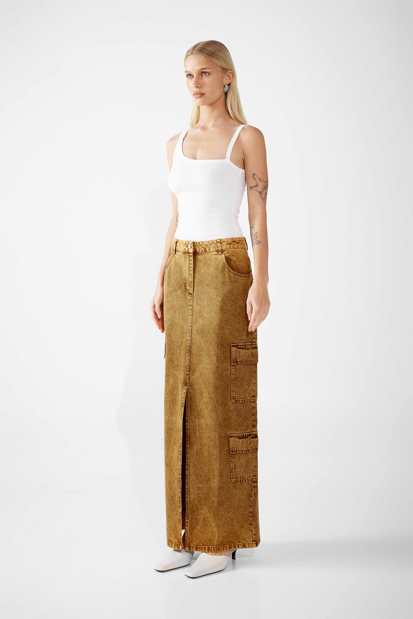 TATE MAXI SKIRT | BROWN ACID WASH